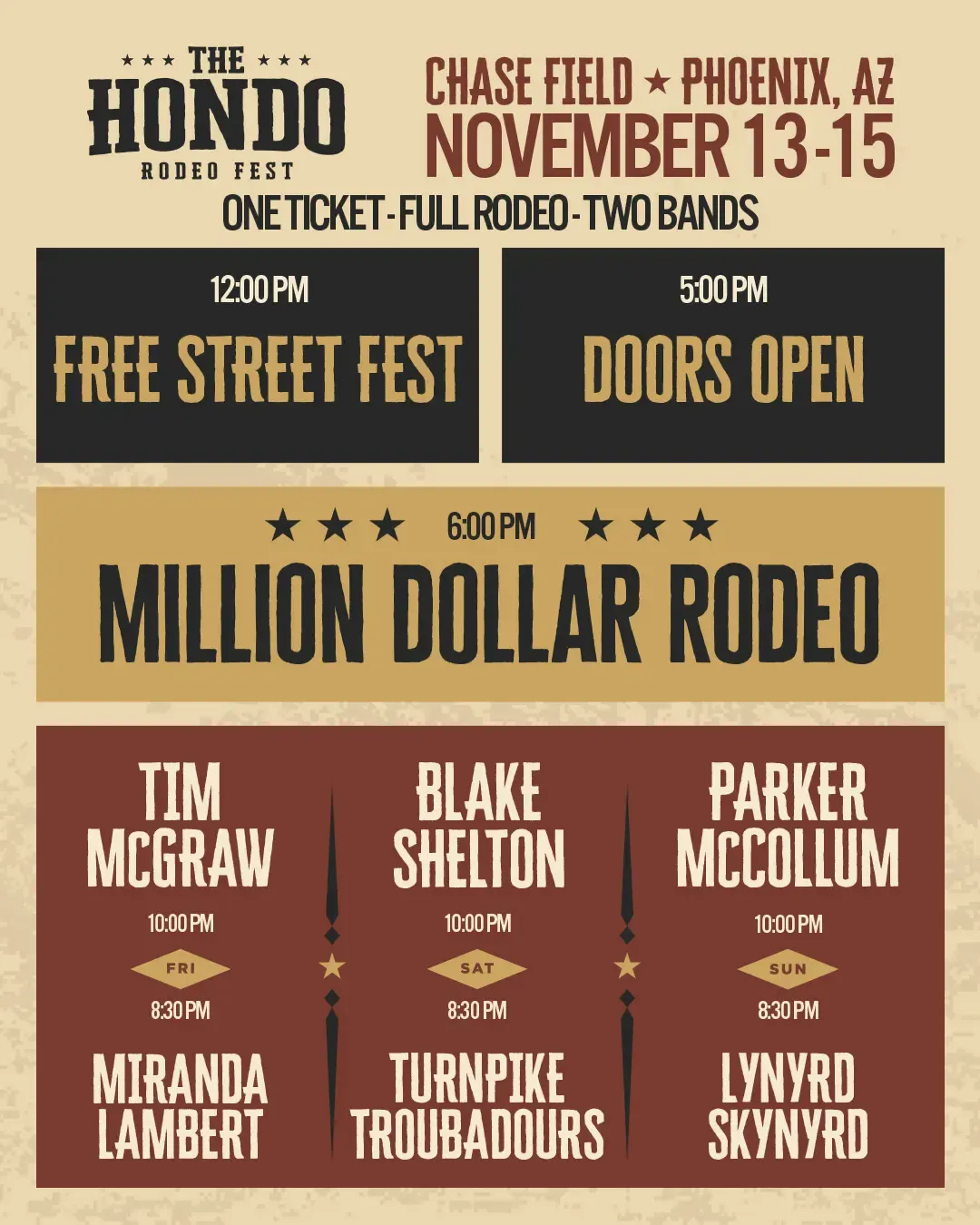 The Hondo Rodeo Fest at Chase Field, Phoenix, November 13-15. Free Street Fest at noon, doors at 5pm, Million Dollar Rodeo at 6pm, with Tim McGraw, Blake Shelton, Parker McCollum, Miranda Lambert, Turnpike Troubadours, and Lynyrd Skynyrd.