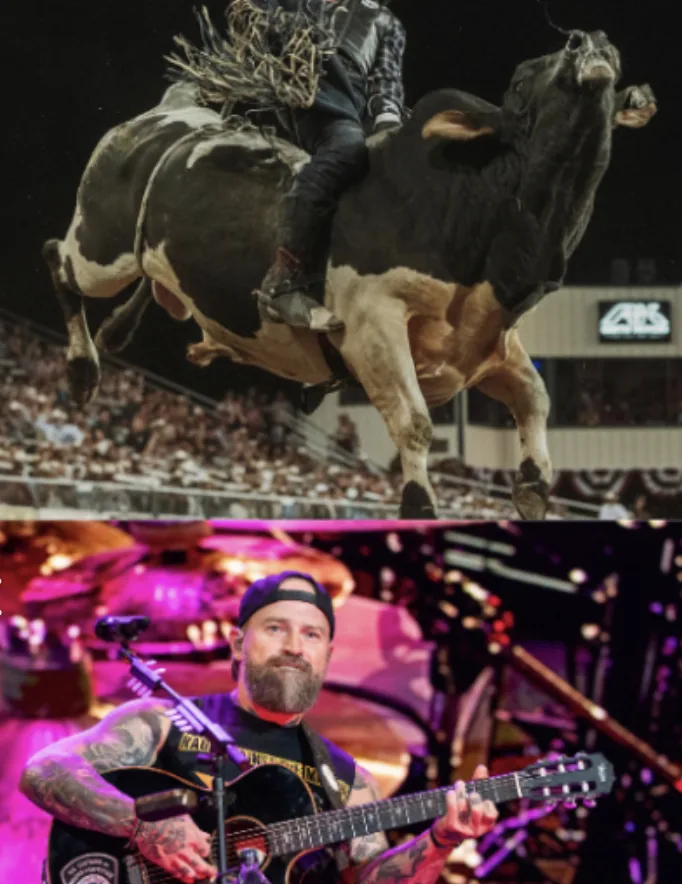 Bull rider and a guitarist performing on stage