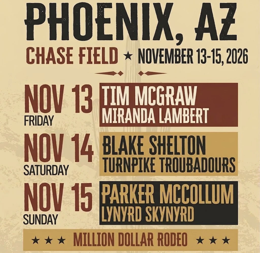 Phoenix, AZ — Million Dollar Rodeo at Chase Field, November 13–15, 2026. Friday: Tim McGraw and Miranda Lambert. Saturday: Blake Shelton and Turnpike Troubadours. Sunday: Parker McCollum and Lynyrd Skynyrd.